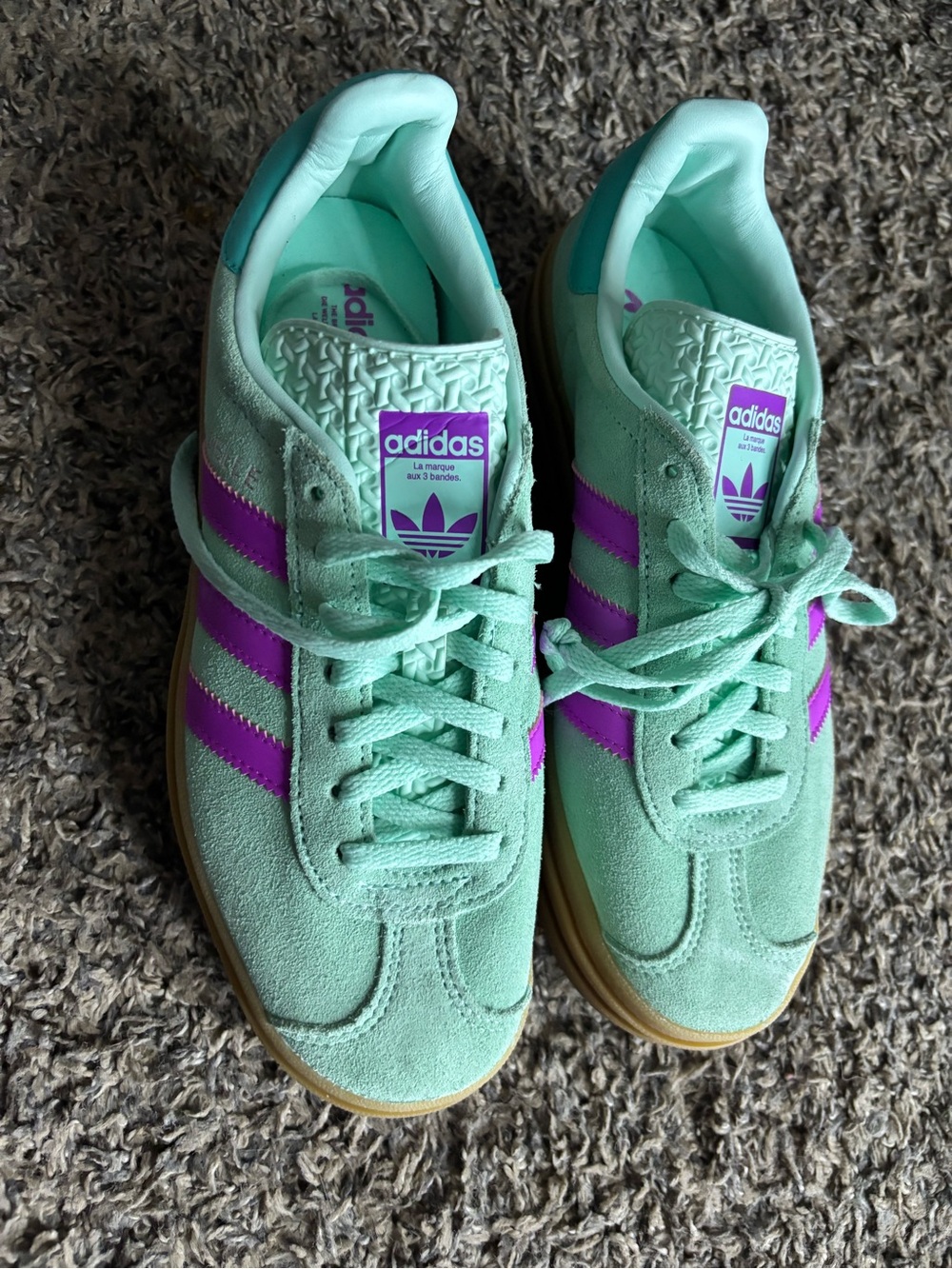 adidas Women's Mint Green Suede Sneakers with Purple Stripes